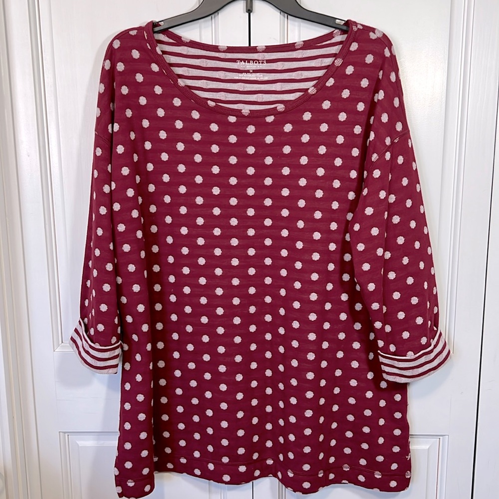 Talbots woman’s 1X pullover knit top, red and white polka dot, 3/4 sleeve